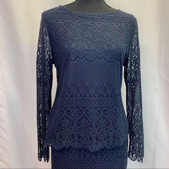 ADIVA Navy blue stretchy lace overlay long sleeve skirt blouse set size medium - Picture 6 of 14